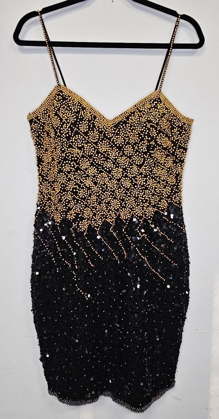 NWT Vintage A.J. Bari Womens Black & Gold Beaded/Sequence Cocktail Dress-Size 12